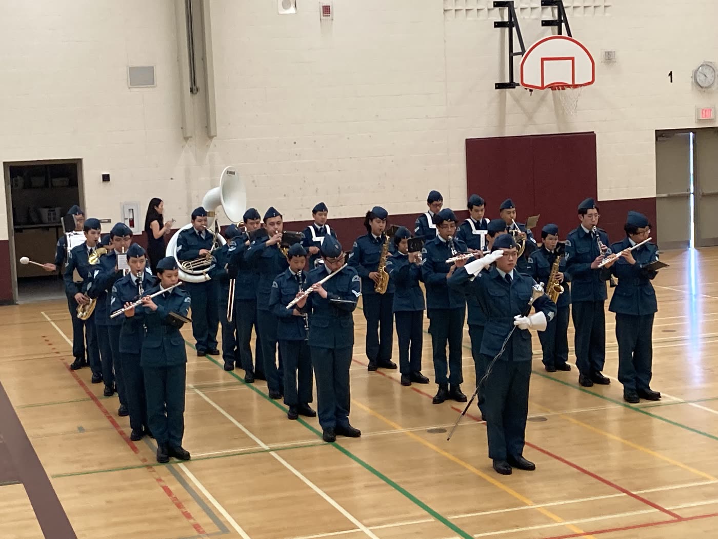 The Royal Canadian Air Cadet band in uniform, playing in formation.