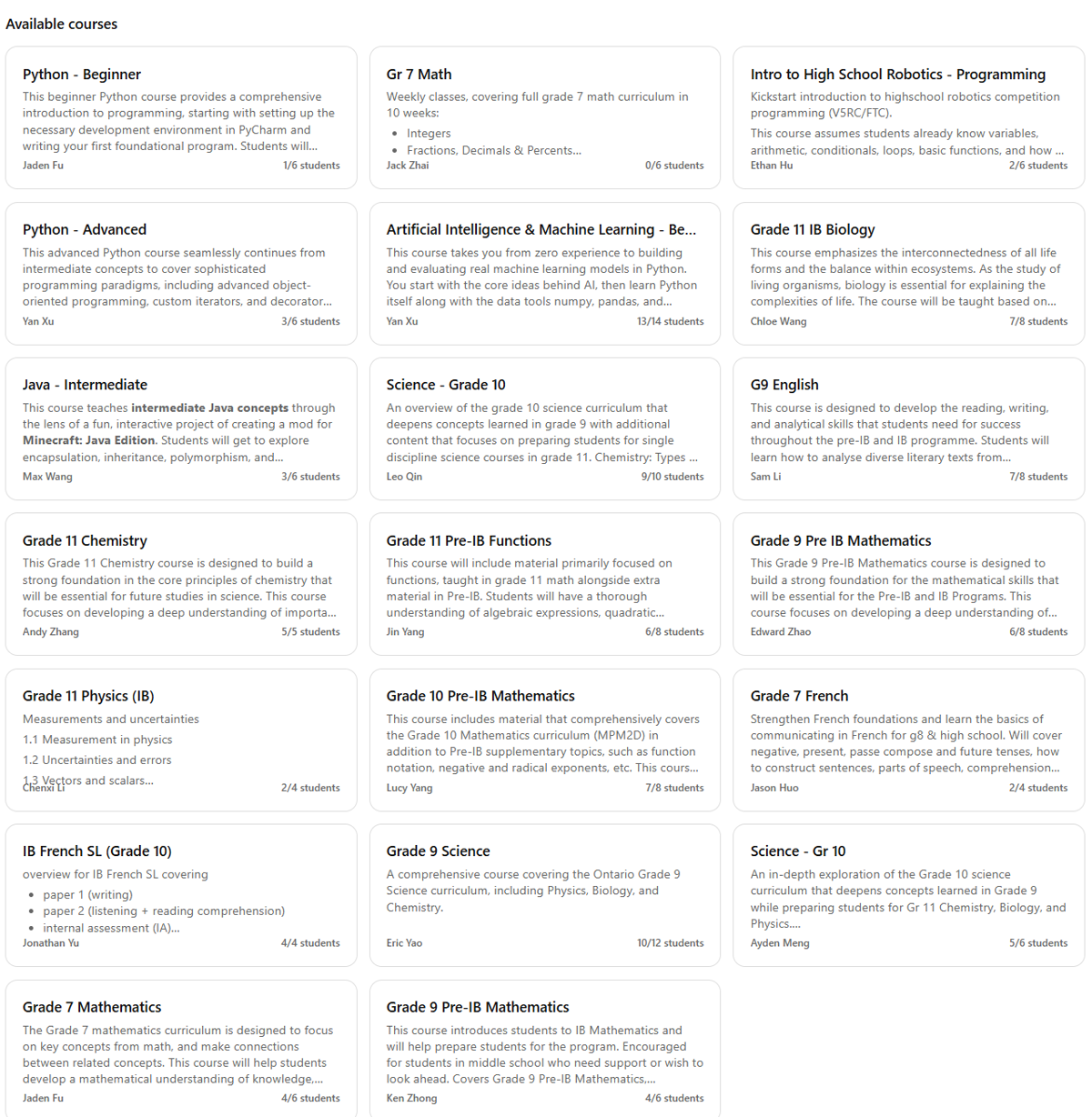 The YanLearn course catalogue: a grid of available courses from Python and Java to IB Biology, French and Grade 7 Math, each showing its tutor and current enrollment.